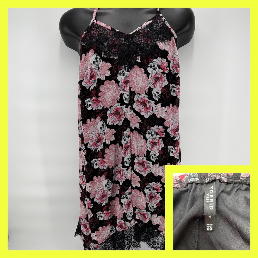 Torrid Sleep Chemise Sz 00 0-10 Black Pink Skull Floral Lace Trim Goth Nightgown